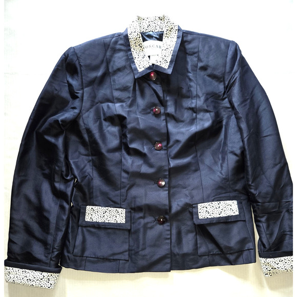Oscar De La Renta Womens Blue Silk Blazer 5-Buttons Pockets Blue VTG Size 12 - Picture 1 of 15